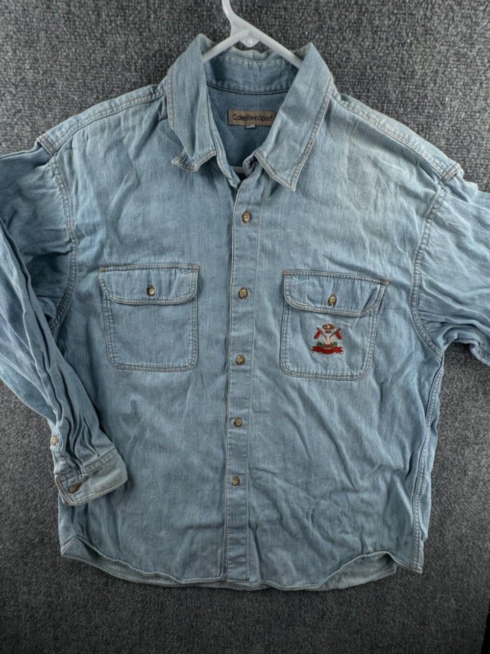 Calvin Klein Sport Men Denim Button Up Shirt Long Sleeve Large Chest Logo Adult